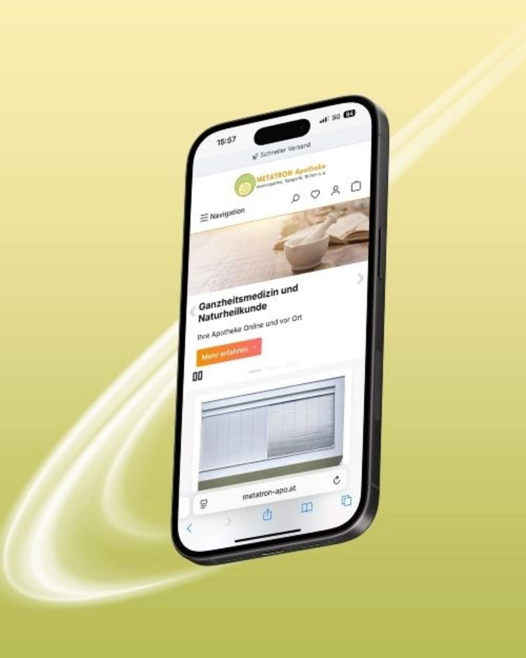 Responsives und barrierefreies Web-Design Mobile Ansicht der Metatron Website auf grünem Hintergrund
