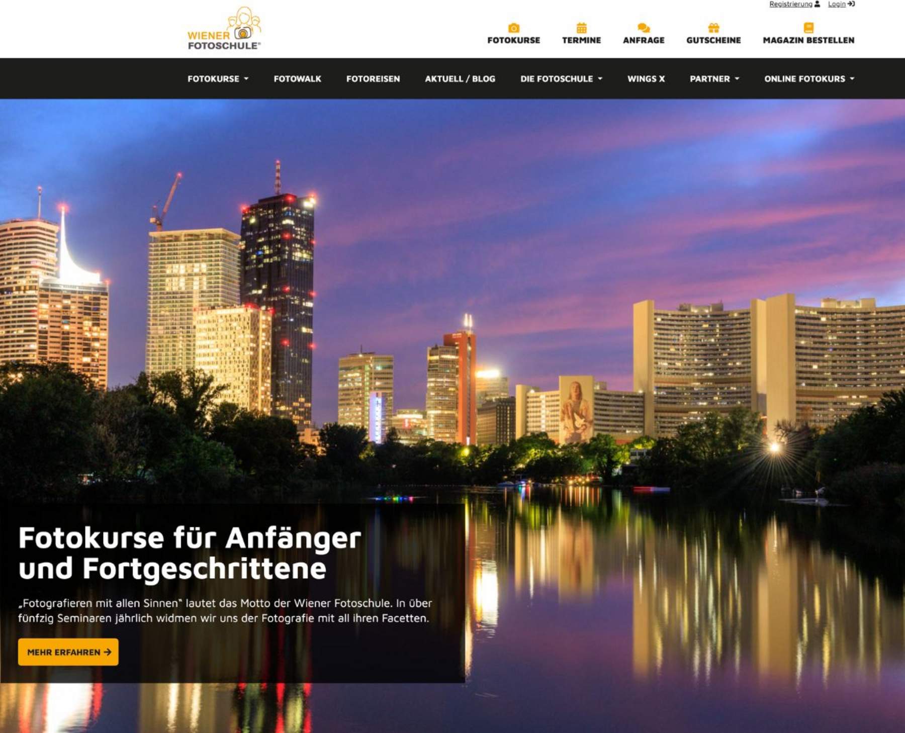 Webseite der Wiener Fotoschule mit integriertem chiliSCHARF Managment-Plugin