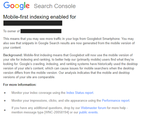 Mobile-First-Index - Nachricht in der Google Search Console Mobile-First-Index - Nachricht in der Google Search Console